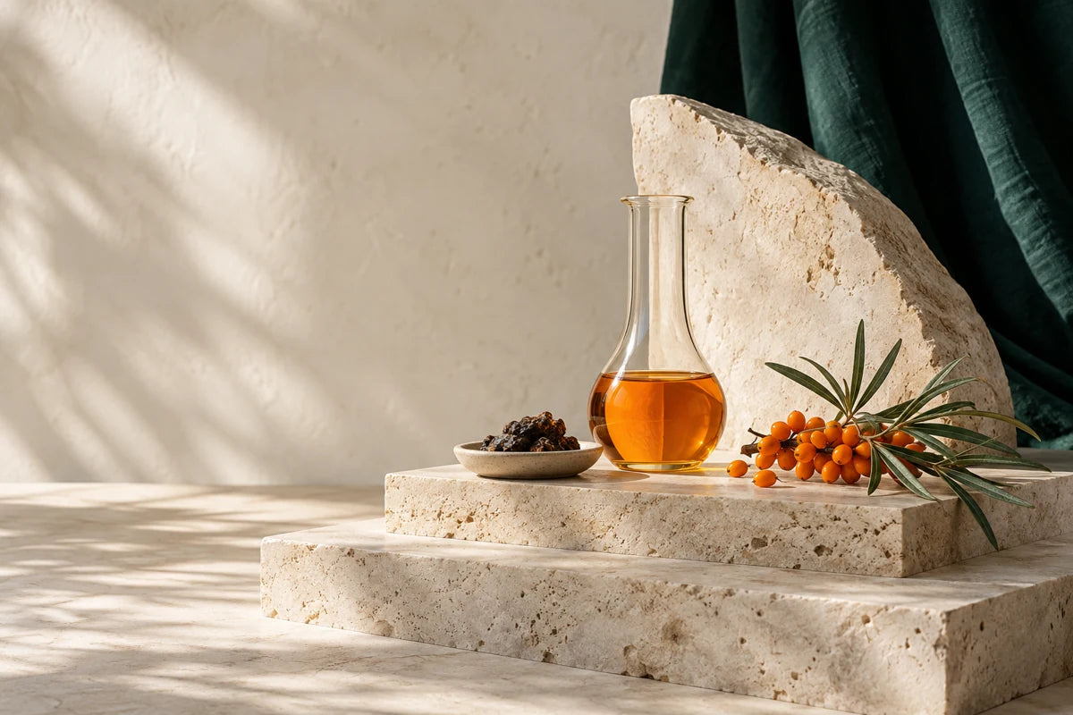 Illustrative wellness still life with mineral stone, sea buckthorn berries and an amber glass vessel