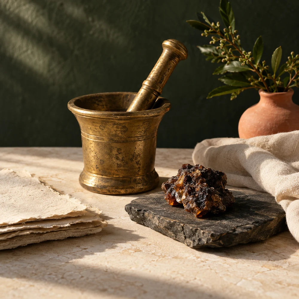 Illustrative still life of a brass mortar, linen and mineral textures