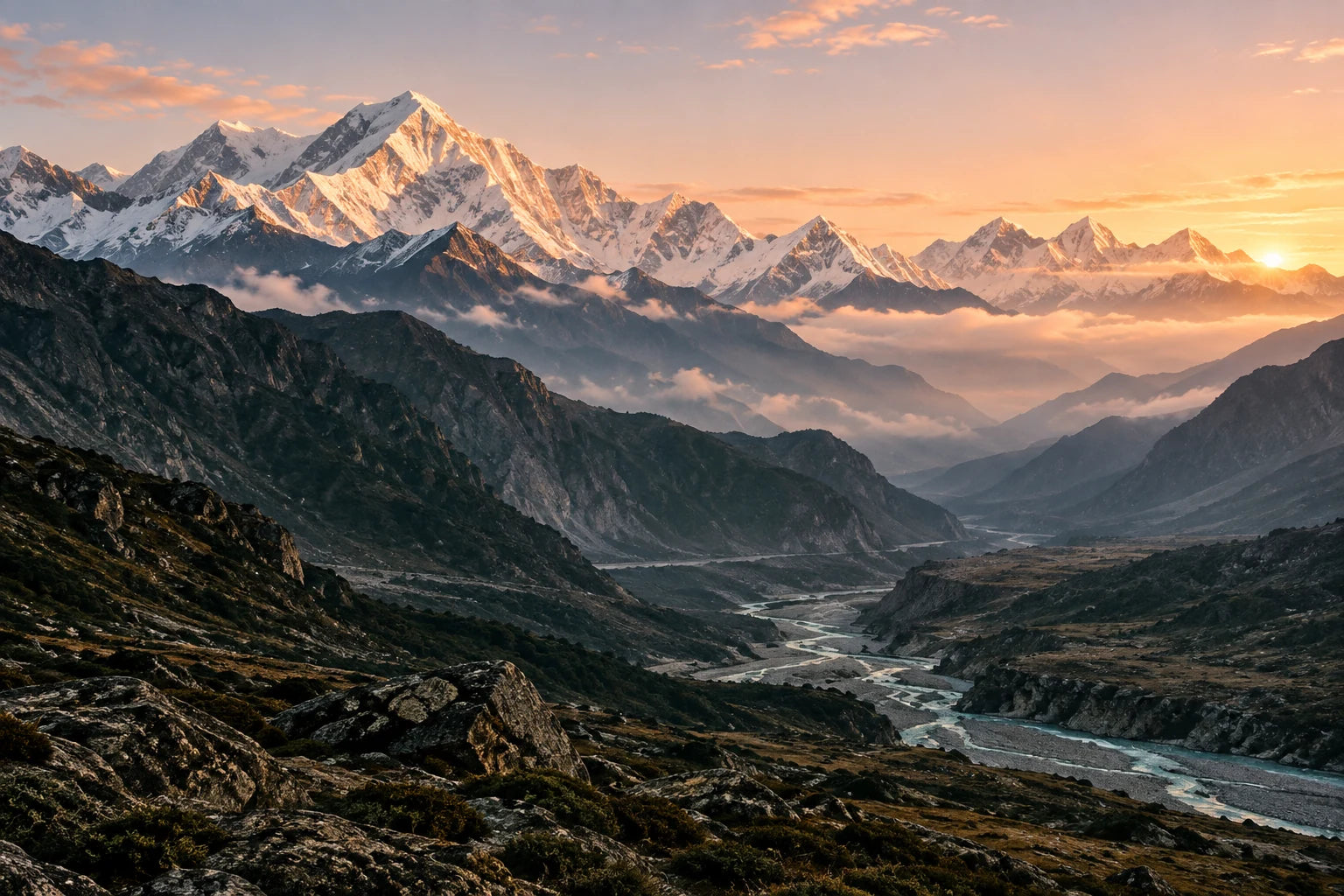 An illustrative Himalayan landscape with layered peaks and a river valley